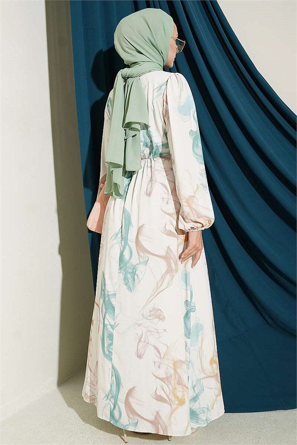 Elastic Waist Digital Satin Dress Green