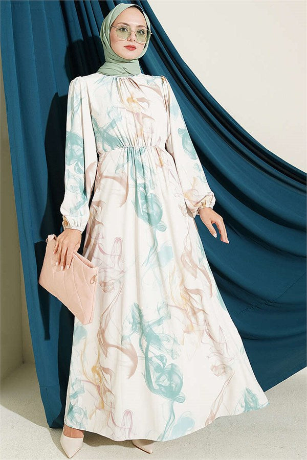 Elastic Waist Digital Satin Dress Green