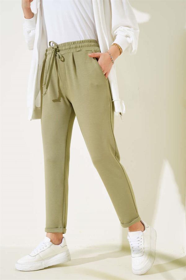 Elastic Waist Double Leg Trousers Khaki