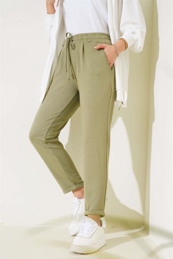 Elastic Waist Double Leg Trousers Khaki