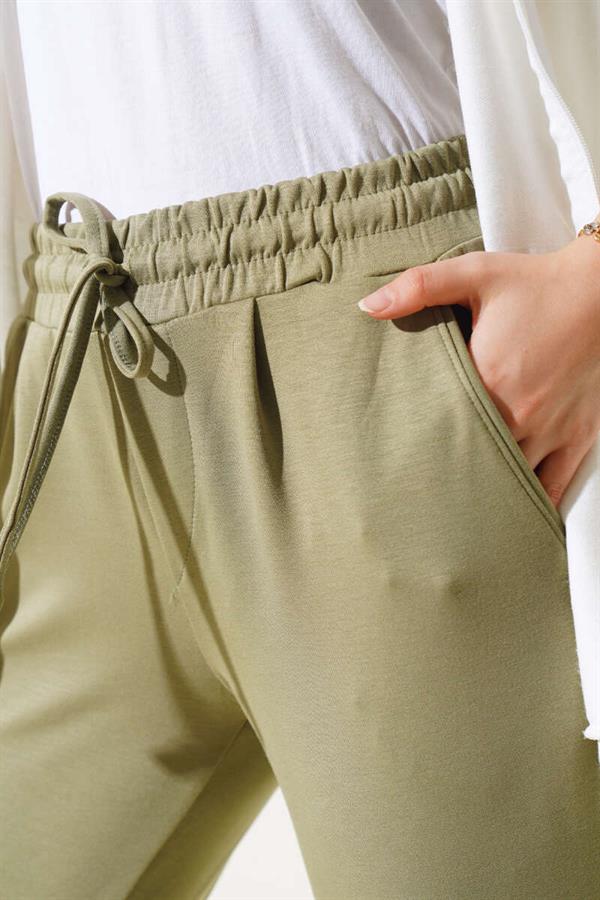 Elastic Waist Double Leg Trousers Khaki