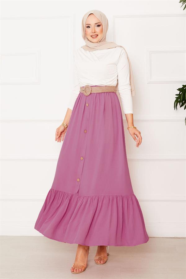 Elastic Waist Button Detailed Hijab Skirt Rose