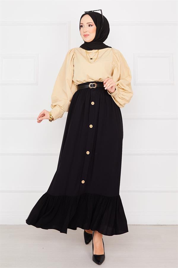 Elastic Waist Button Detailed Hijab Skirt Black