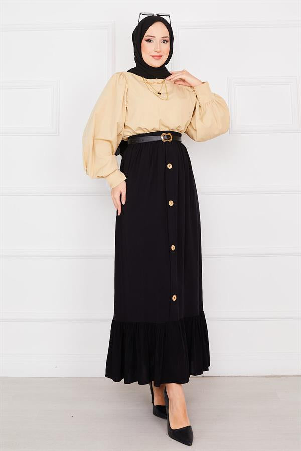 Elastic Waist Button Detailed Hijab Skirt Black
