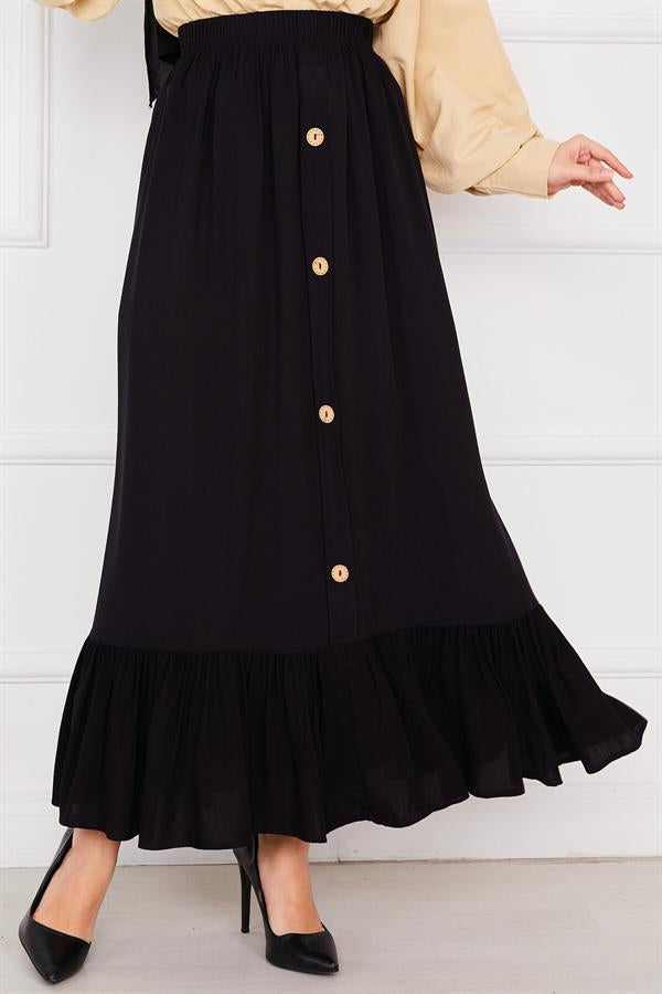 Elastic Waist Button Detailed Hijab Skirt Black