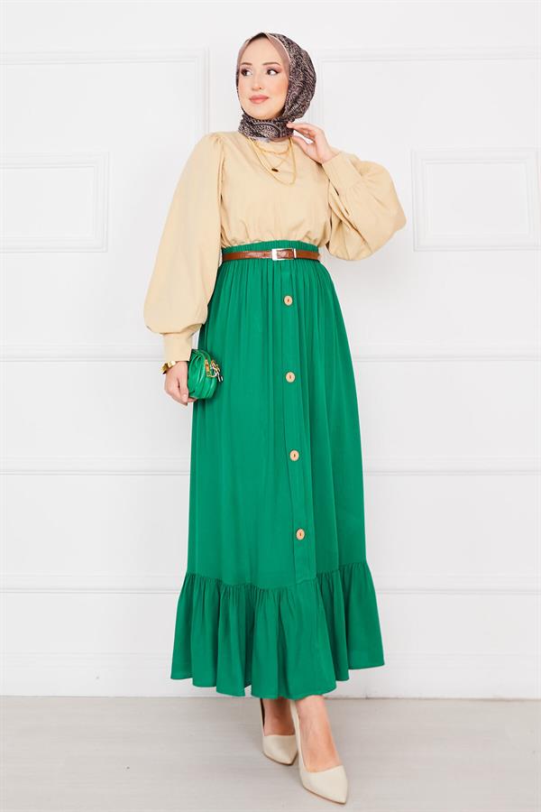Elastic Waist Button Detailed Hijab Skirt Emerald