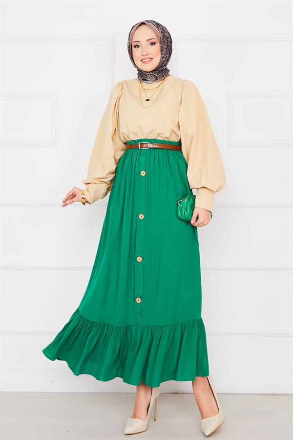 Elastic Waist Button Detailed Hijab Skirt Emerald