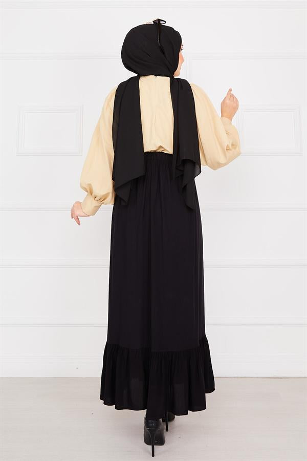 Elastic Waist Button Detailed Hijab Skirt Black