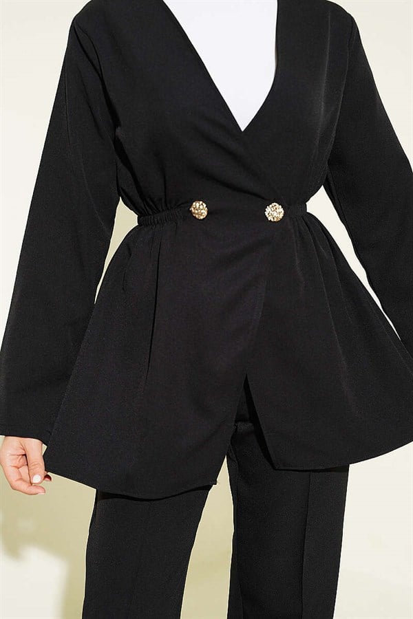 Elastic Waist Buttoned Double 2 Piece Set, Black
