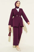 Elastic Waist Buttoned Double 2 Piece Set in Plum
