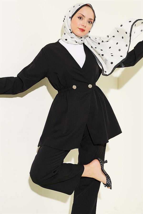 Elastic Waist Buttoned Double 2 Piece Set, Black
