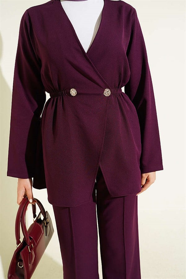 Elastic Waist Buttoned Double 2 Piece Set in Plum