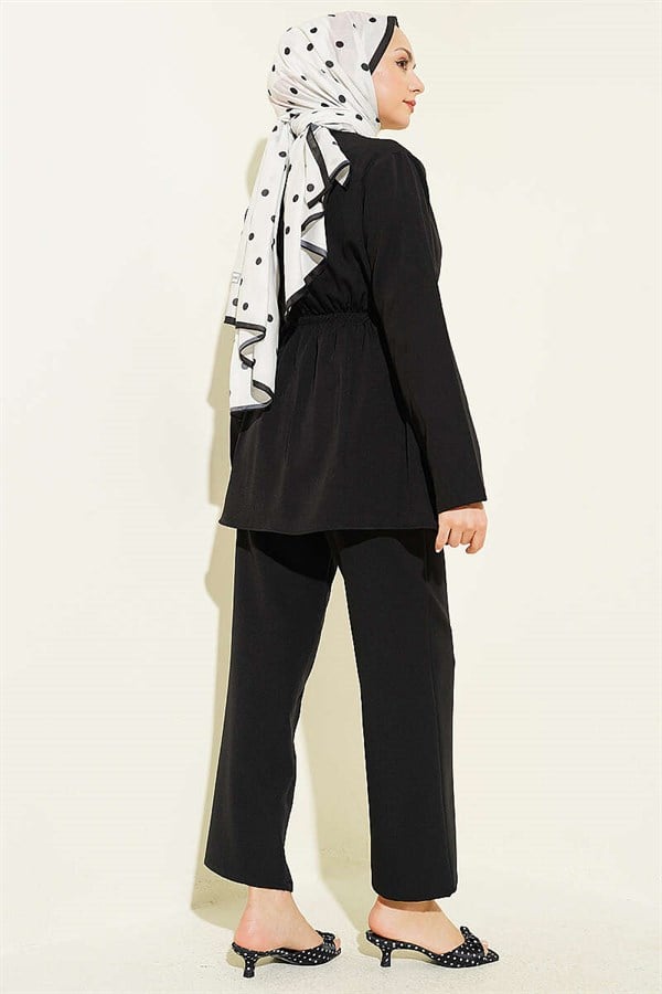 Elastic Waist Buttoned Double 2 Piece Set, Black