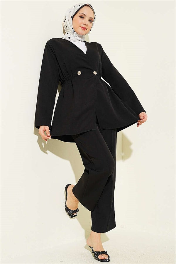 Elastic Waist Buttoned Double 2 Piece Set, Black