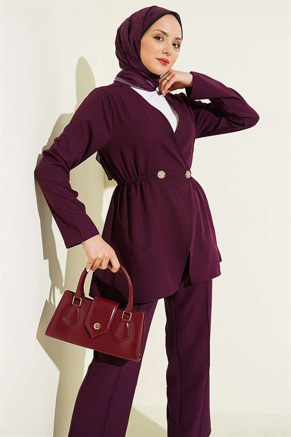 Elastic Waist Buttoned Double 2 Piece Set in Plum