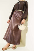 Plain Satin Skirt with Elastic Waist, Brown