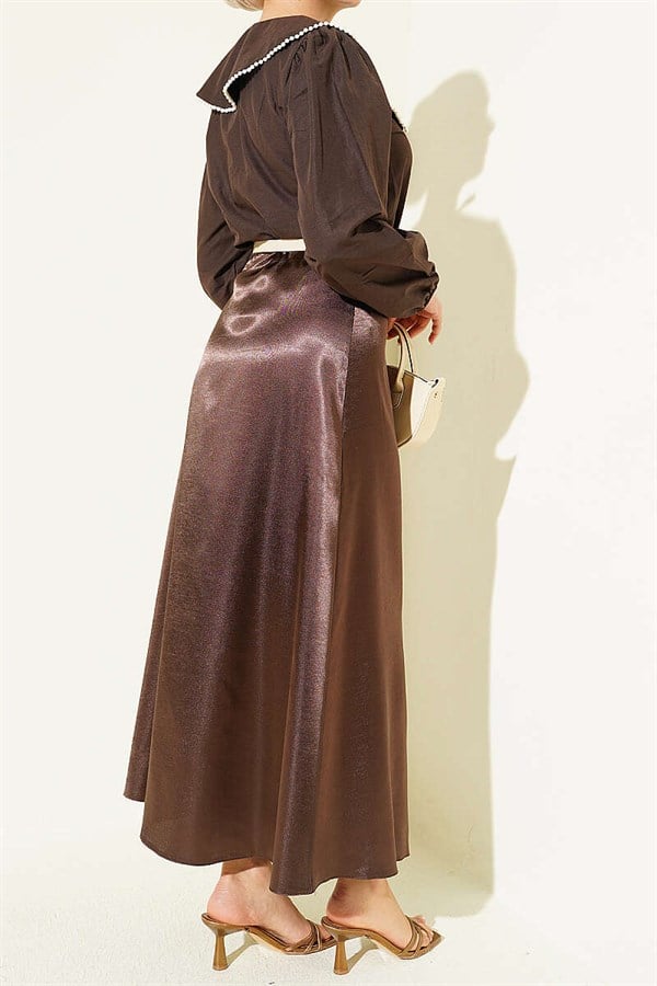 Plain Satin Skirt with Elastic Waist, Brown