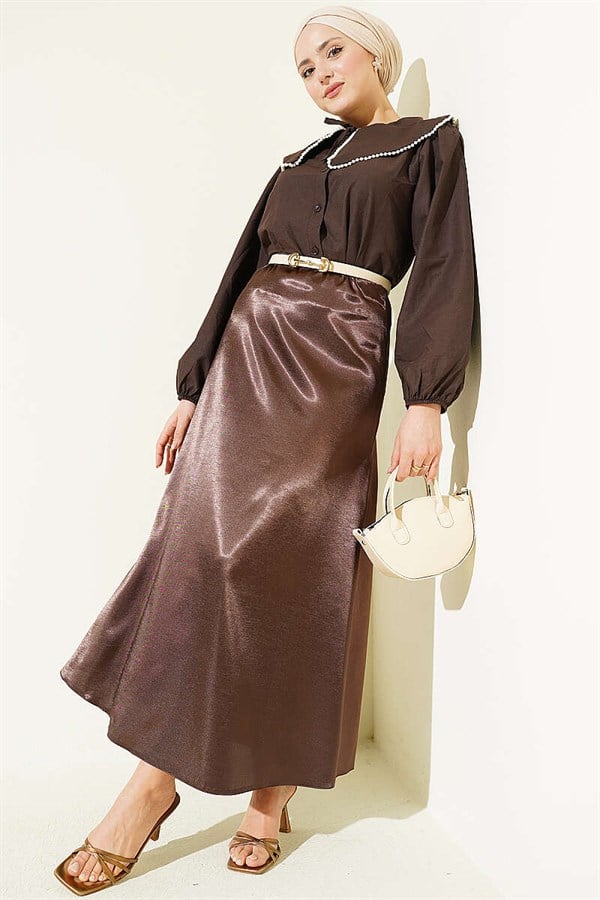 Plain Satin Skirt with Elastic Waist, Brown