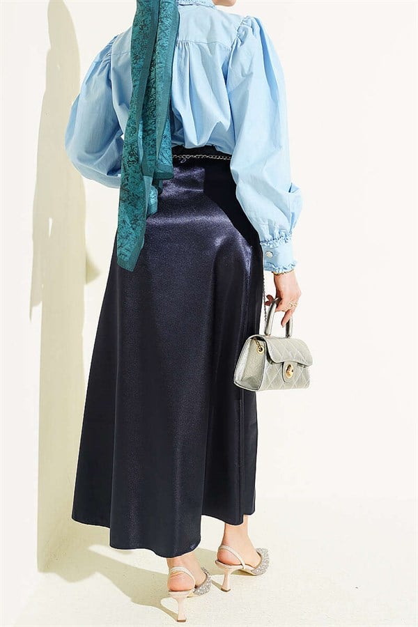 Navy Blue Plain Satin Skirt with Elastic Waistband
