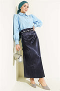 Navy Blue Plain Satin Skirt with Elastic Waistband