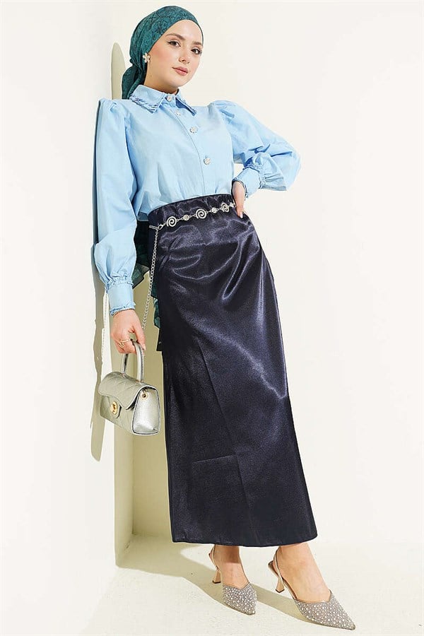 Navy Blue Plain Satin Skirt with Elastic Waistband