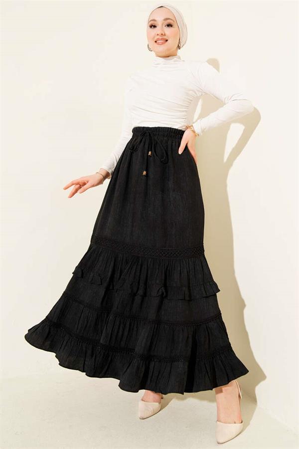 Black Ruffled Skirt with Elastic Waistband