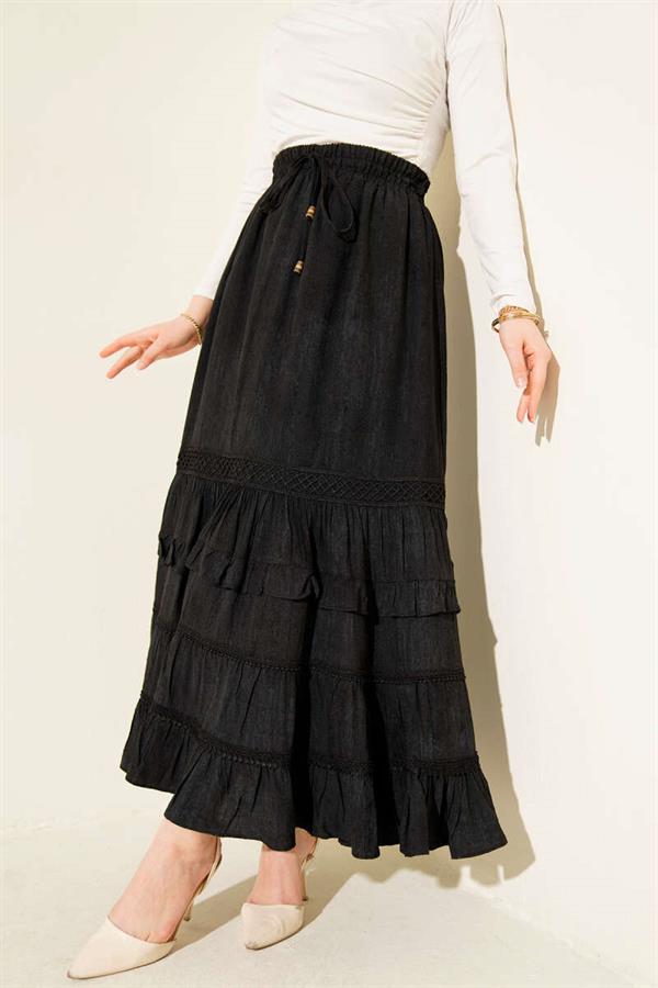 Black Ruffled Skirt with Elastic Waistband