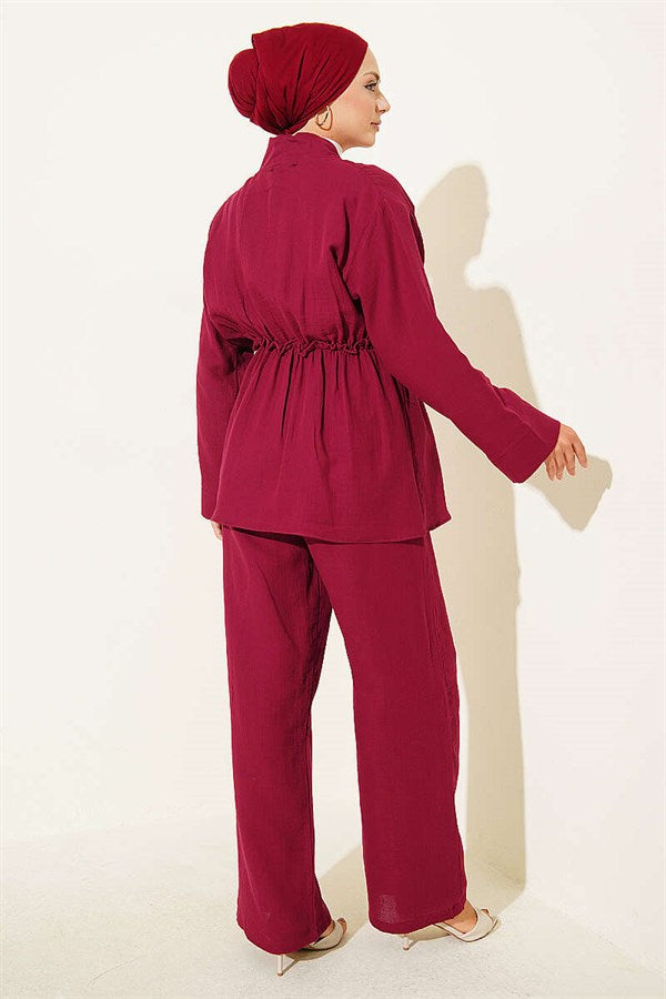 Muslin 2 Piece Set with Elastic Waist and Ruffles, Burgundy