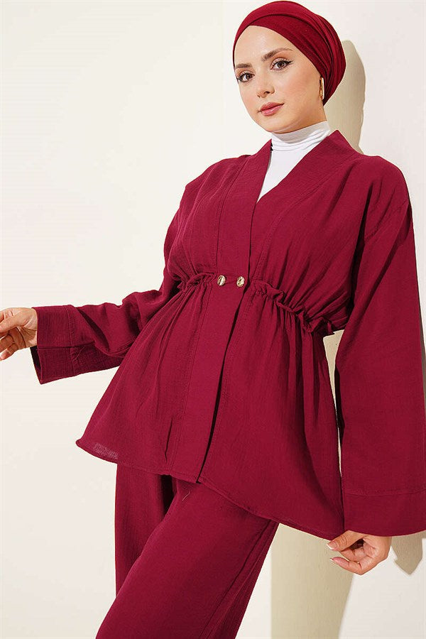 Muslin 2 Piece Set with Elastic Waist and Ruffles, Burgundy