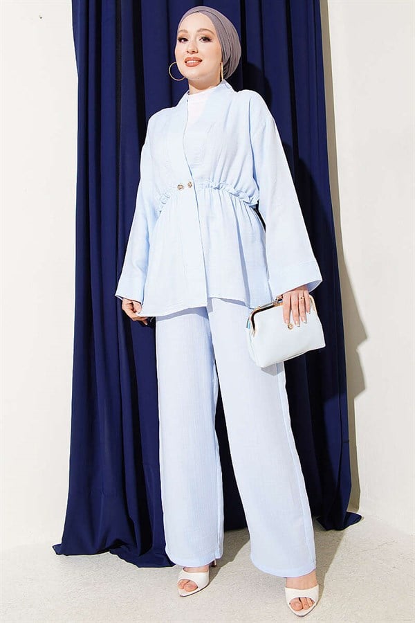 Baby Blue Muslin 2 Piece Set with Elastic Waist and Ruffles