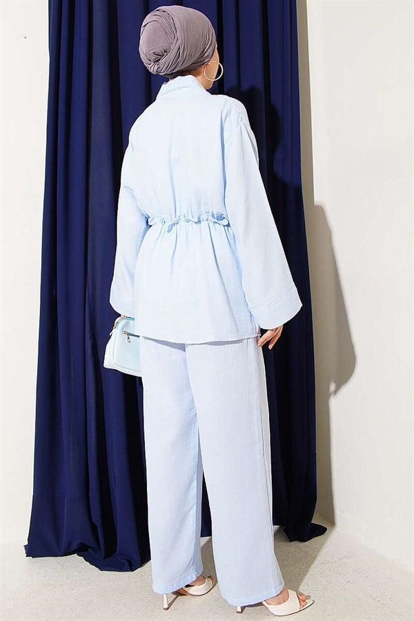 Baby Blue Muslin 2 Piece Set with Elastic Waist and Ruffles