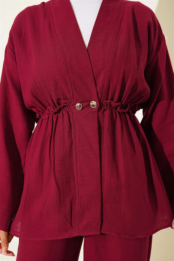 Muslin 2 Piece Set with Elastic Waist and Ruffles, Burgundy