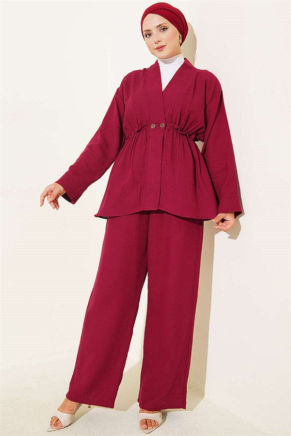 Muslin 2 Piece Set with Elastic Waist and Ruffles, Burgundy