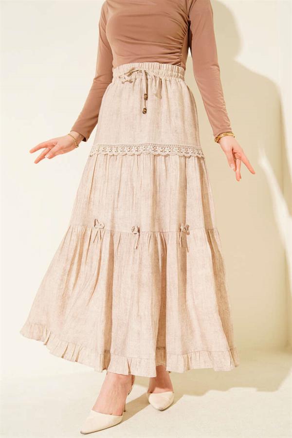 Elastic Waistband Skirt with Bow, Beige