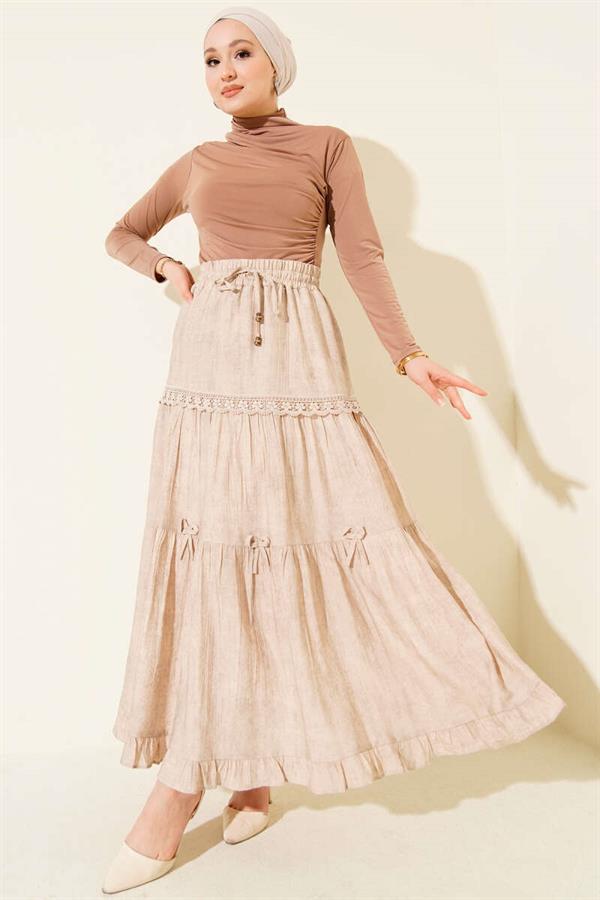 Elastic Waistband Skirt with Bow, Beige