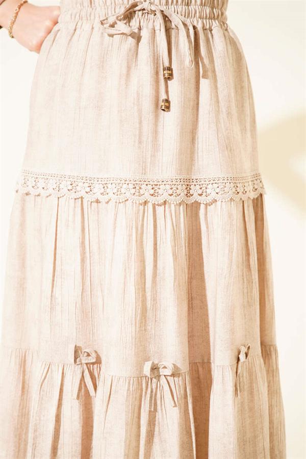 Elastic Waistband Skirt with Bow, Beige