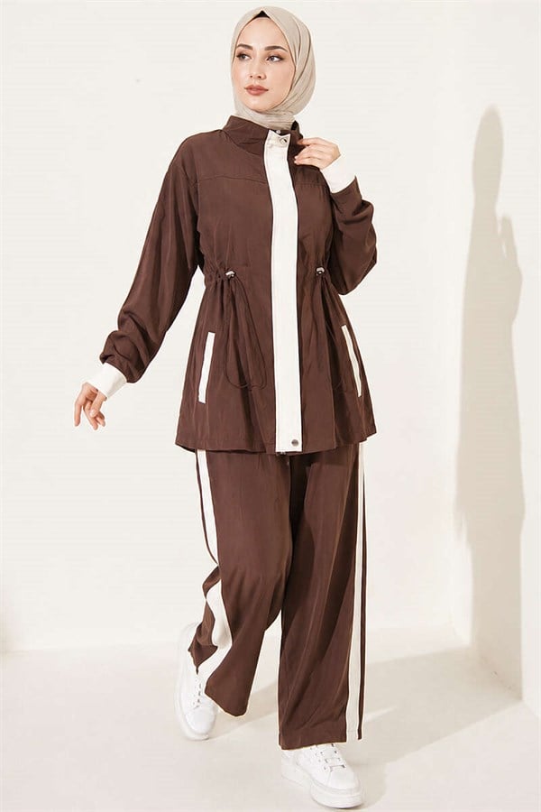Tencel Two-Piece Set with Elastic Waistband and Trim, Coffee Color