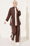 Tencel Two-Piece Set with Elastic Waistband and Trim, Coffee Color