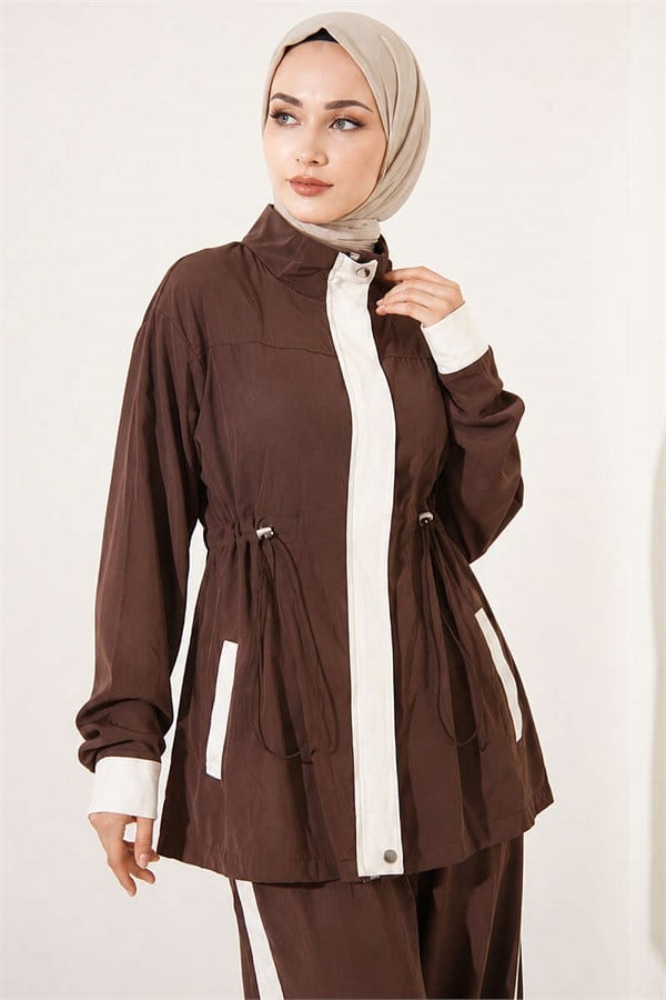 Tencel Two-Piece Set with Elastic Waistband and Trim, Coffee Color
