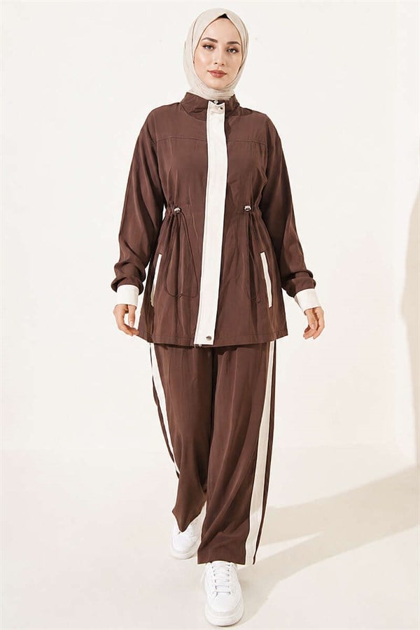 Tencel Two-Piece Set with Elastic Waistband and Trim, Coffee Color