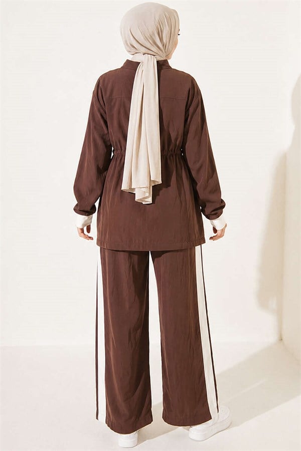 Tencel Two-Piece Set with Elastic Waistband and Trim, Coffee Color