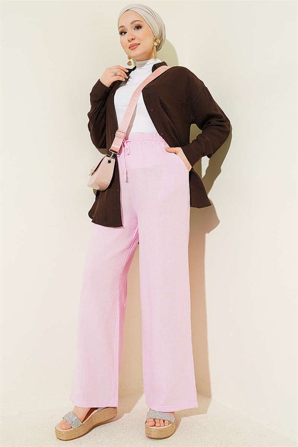 Pink Wide Leg Muslin Pants with Elastic Waistband