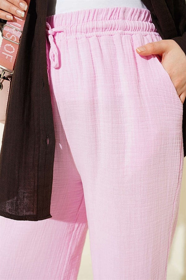 Pink Wide Leg Muslin Pants with Elastic Waistband