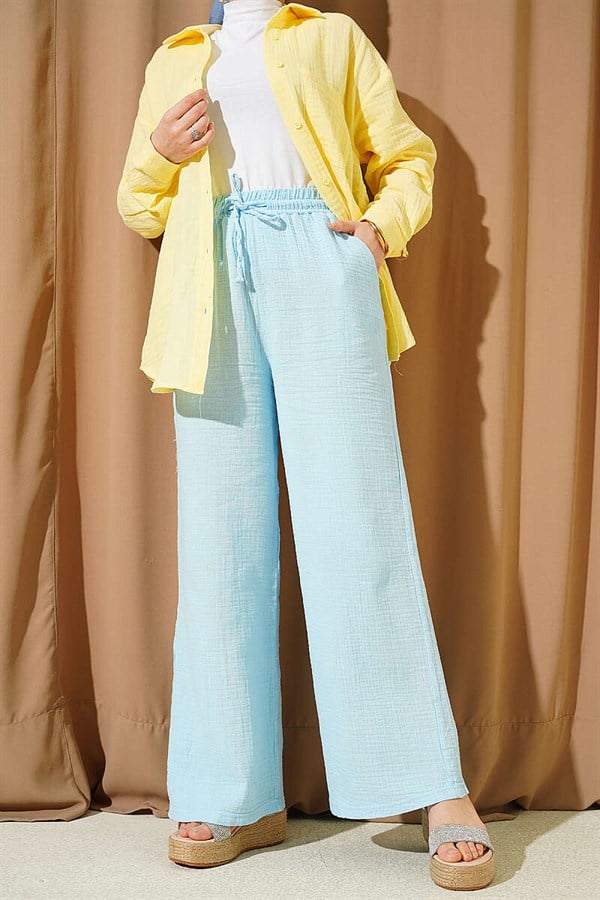 Wide Leg Muslin Trousers with Elastic Waistband, Blue
