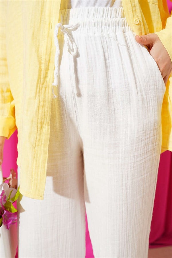 Wide Leg Muslin Trousers with Elastic Waistband, Ecru
