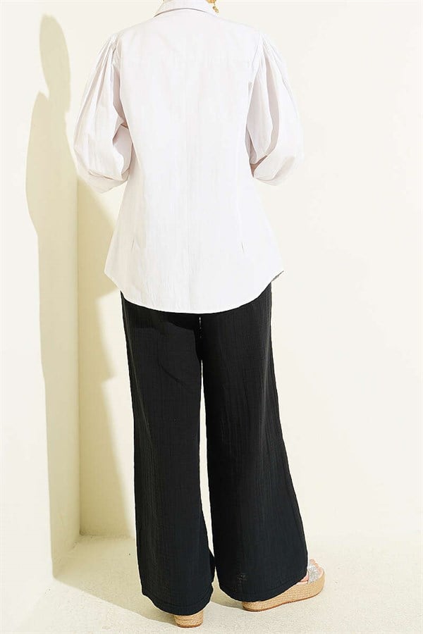 Black Wide Leg Muslin Pants with Elastic Waistband