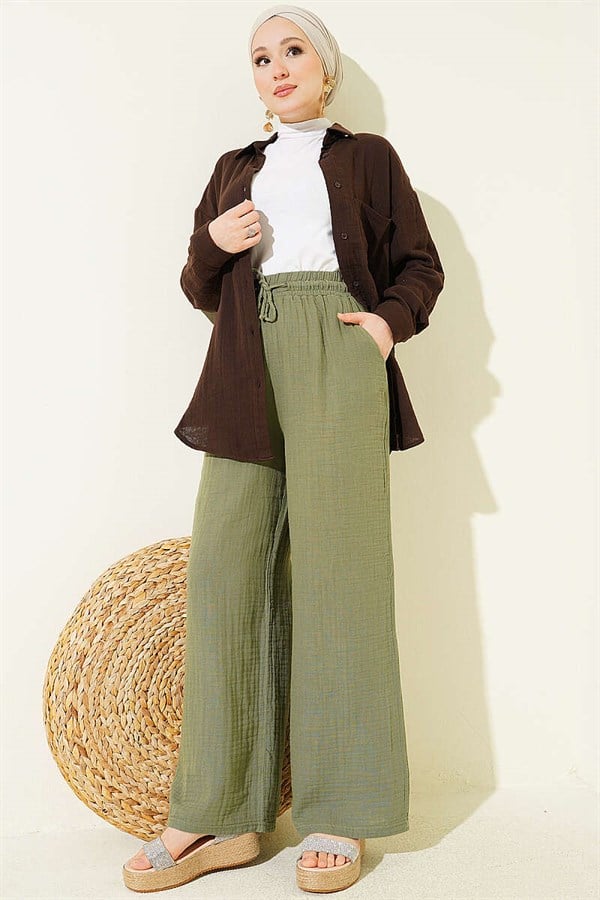 Wide Leg Muslin Trousers with Elastic Waistband, Khaki