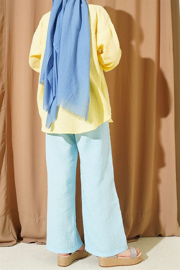 Wide Leg Muslin Trousers with Elastic Waistband, Blue