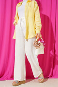Wide Leg Muslin Trousers with Elastic Waistband, Ecru