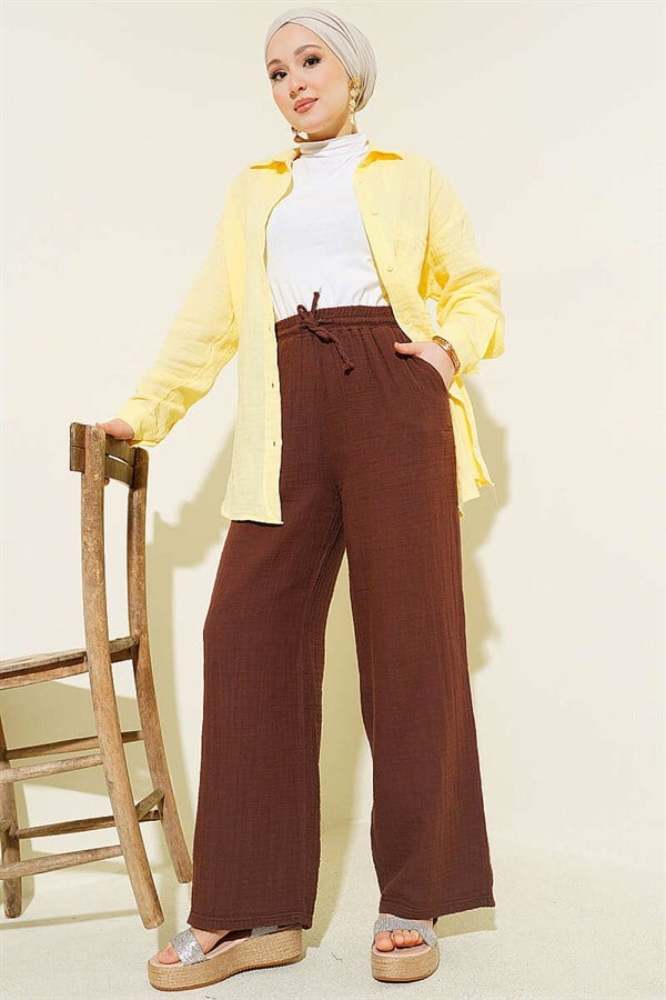 Wide-Leg Muslin Trousers with Elastic Waistband, Brown